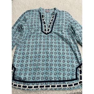 Saint Tropez West Shirt Womens Medium 100% Cotton Popover Tunic Blue Tropical